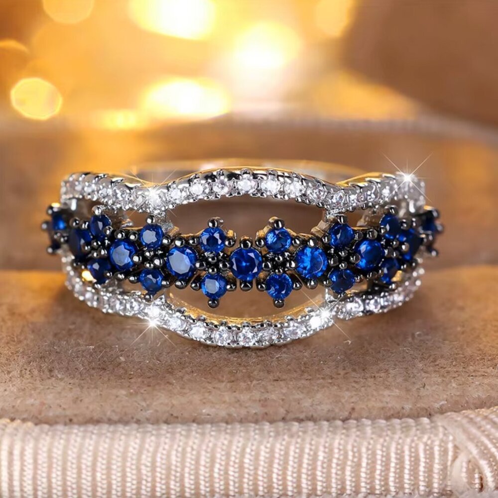NEW 14k White Gold Blue Sapphire Diamond Ring Cocktail Ring